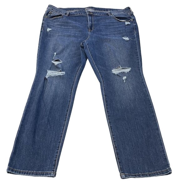 Old Navy Power Slim Straight Jeans Womens 20 Mid Rise Dark Wash Distressed Rip - Picture 1 of 5